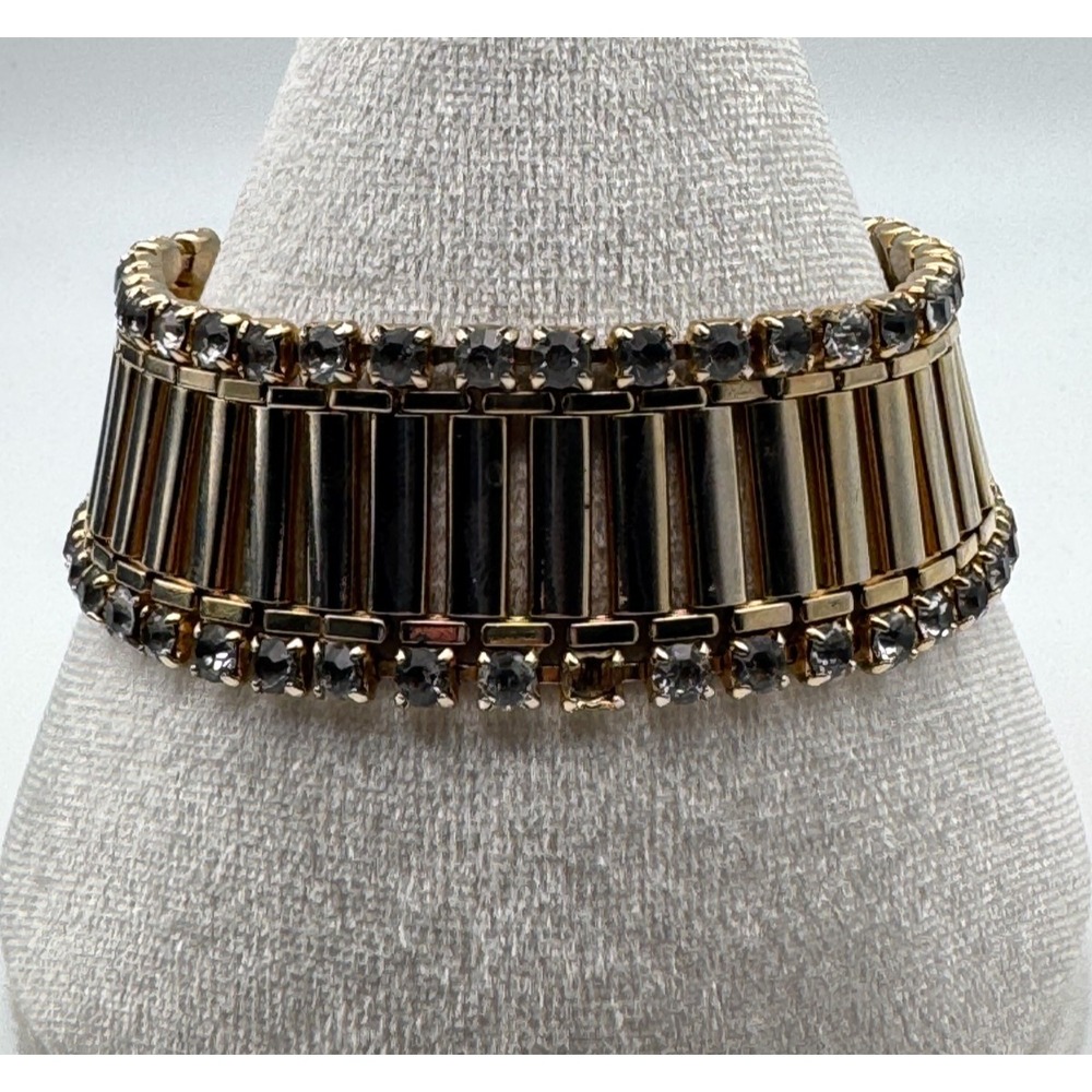 Vintage Rhinestone Bracelet Gold Tone Mid Century READ